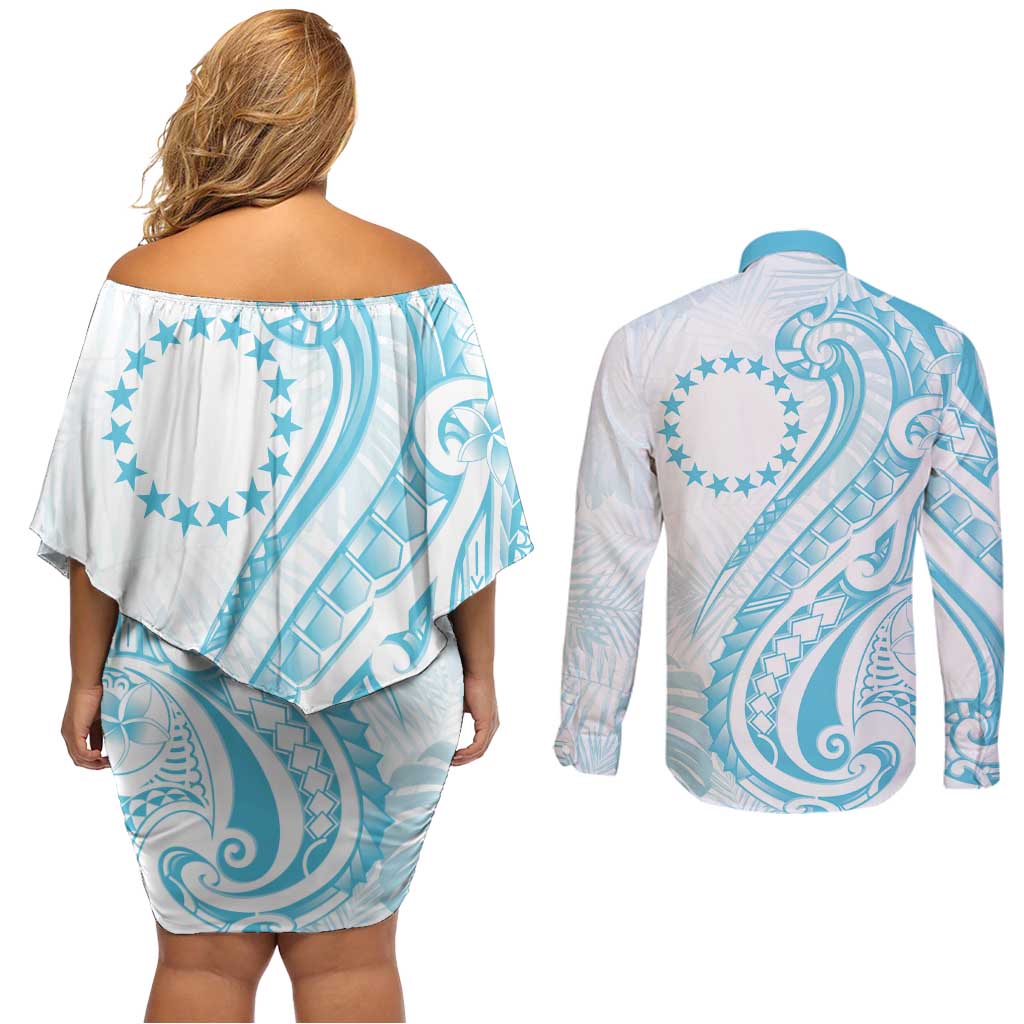 Kia Orana Cook Islands Couples Matching Off Shoulder Short Dress and Long Sleeve Button Shirt Moana Plumeria Tropical Waves - Polynesian Pride
