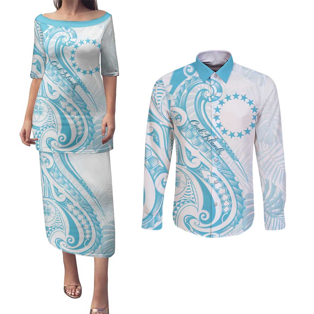 Kia Orana Cook Islands Couples Matching Puletasi and Long Sleeve Button Shirt Moana Plumeria Tropical Waves - Polynesian Pride