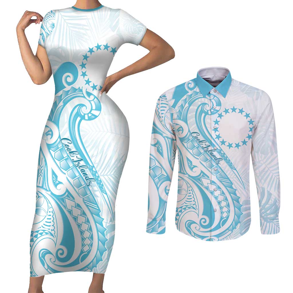 Kia Orana Cook Islands Couples Matching Short Sleeve Bodycon Dress and Long Sleeve Button Shirt Moana Plumeria Tropical Waves - Polynesian Pride