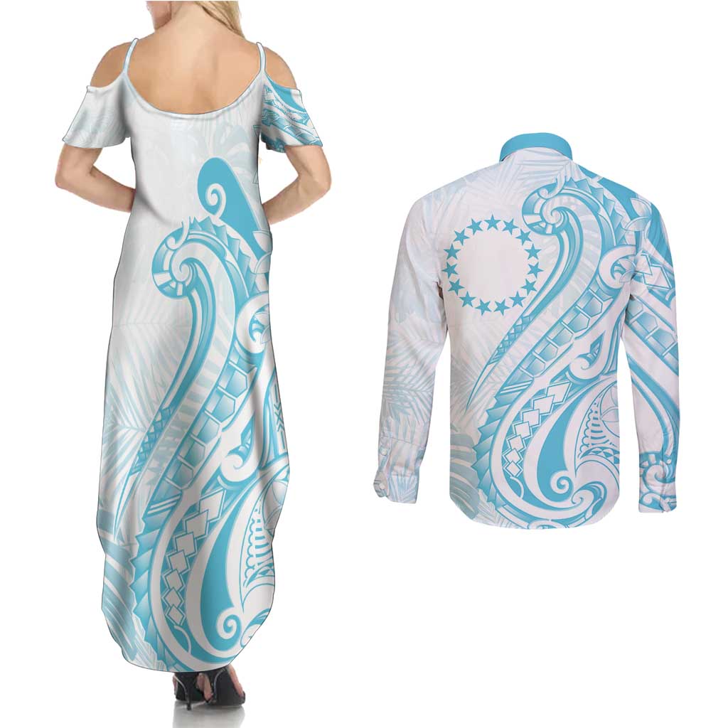 Kia Orana Cook Islands Couples Matching Summer Maxi Dress and Long Sleeve Button Shirt Moana Plumeria Tropical Waves - Polynesian Pride
