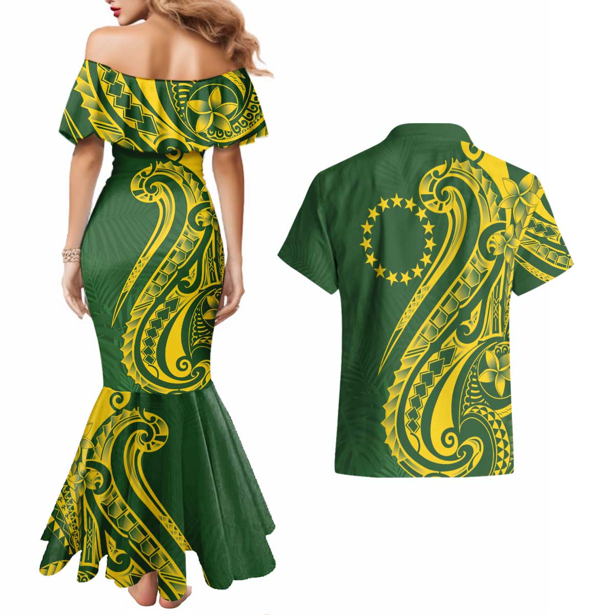 Kia Orana Cook Islands Couples Matching Mermaid Dress and Hawaiian Shirt Plumeria Tropical Waves - Polynesian Pride