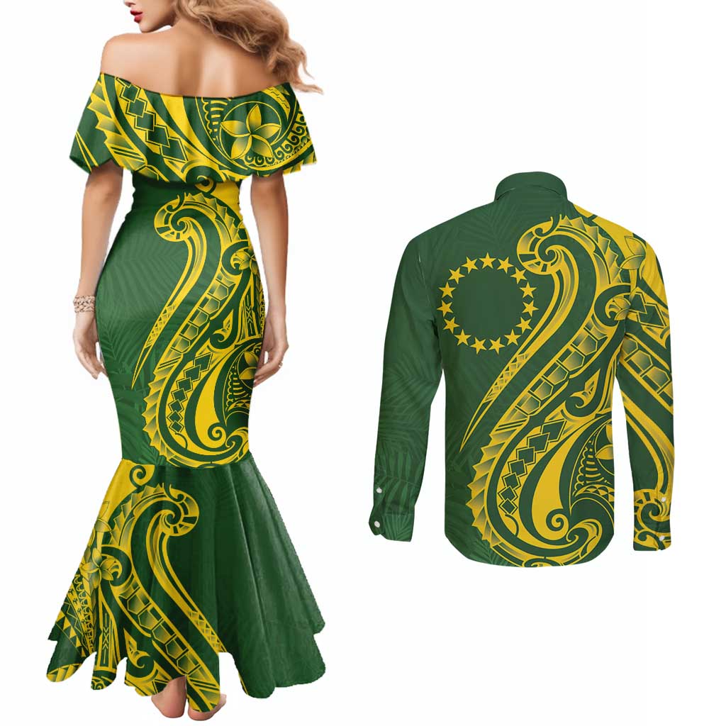 Kia Orana Cook Islands Couples Matching Mermaid Dress and Long Sleeve Button Shirt Plumeria Tropical Waves - Polynesian Pride