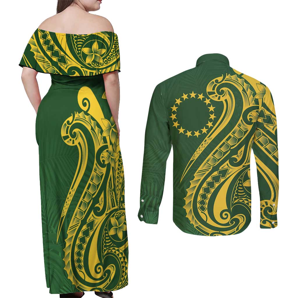 Kia Orana Cook Islands Couples Matching Off Shoulder Maxi Dress and Long Sleeve Button Shirt Plumeria Tropical Waves - Polynesian Pride
