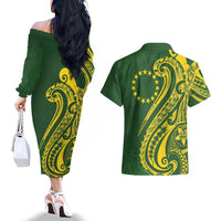 Kia Orana Cook Islands Couples Matching Off The Shoulder Long Sleeve Dress and Hawaiian Shirt Plumeria Tropical Waves - Polynesian Pride