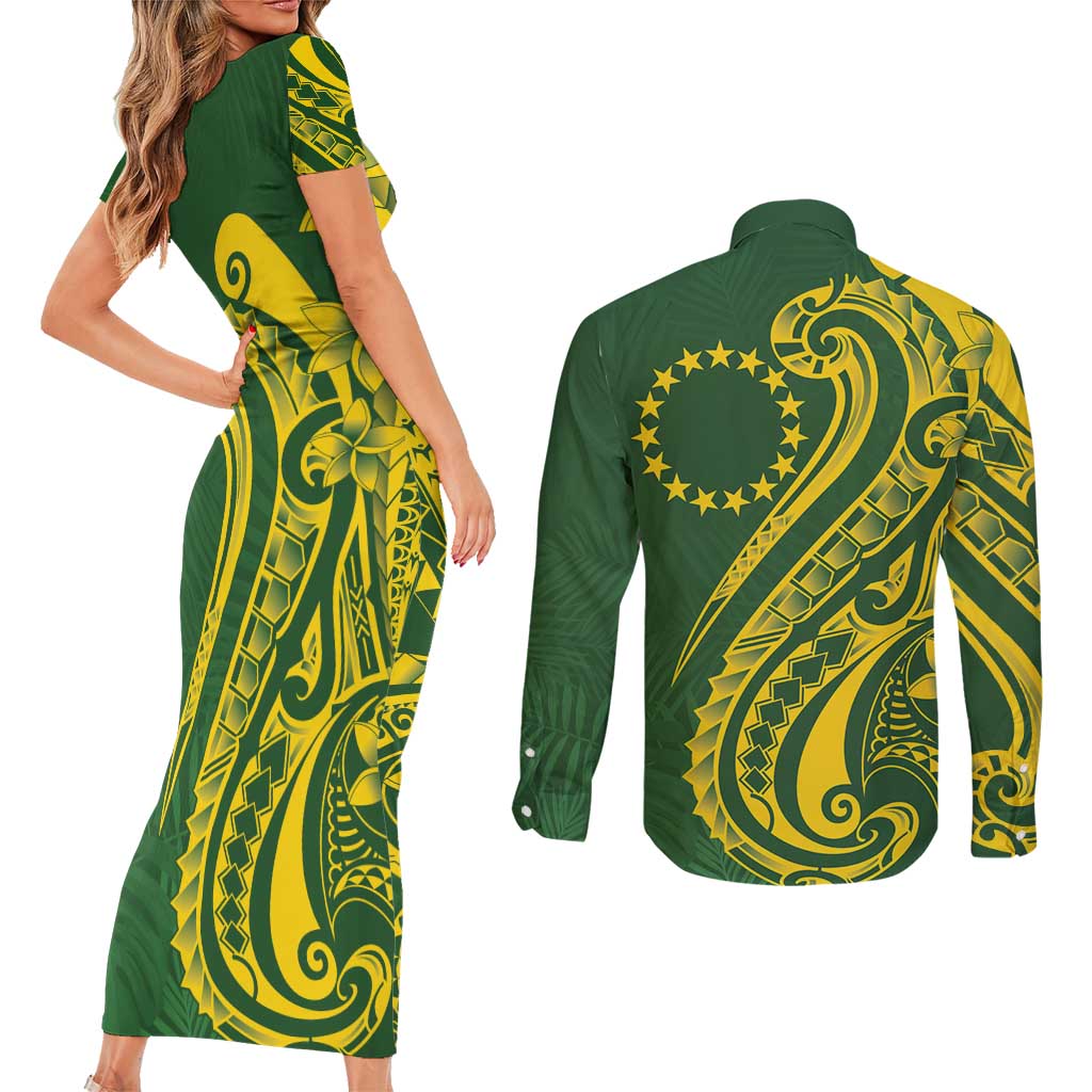 Kia Orana Cook Islands Couples Matching Short Sleeve Bodycon Dress and Long Sleeve Button Shirt Plumeria Tropical Waves - Polynesian Pride