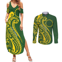 Kia Orana Cook Islands Couples Matching Summer Maxi Dress and Long Sleeve Button Shirt Plumeria Tropical Waves - Polynesian Pride