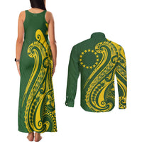 Kia Orana Cook Islands Couples Matching Tank Maxi Dress and Long Sleeve Button Shirt Plumeria Tropical Waves - Polynesian Pride