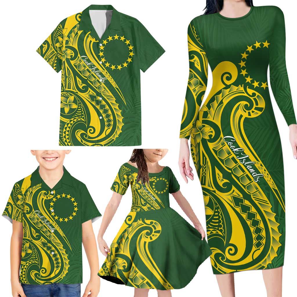 Kia Orana Cook Islands Family Matching Long Sleeve Bodycon Dress and Hawaiian Shirt Plumeria Tropical Waves - Polynesian Pride