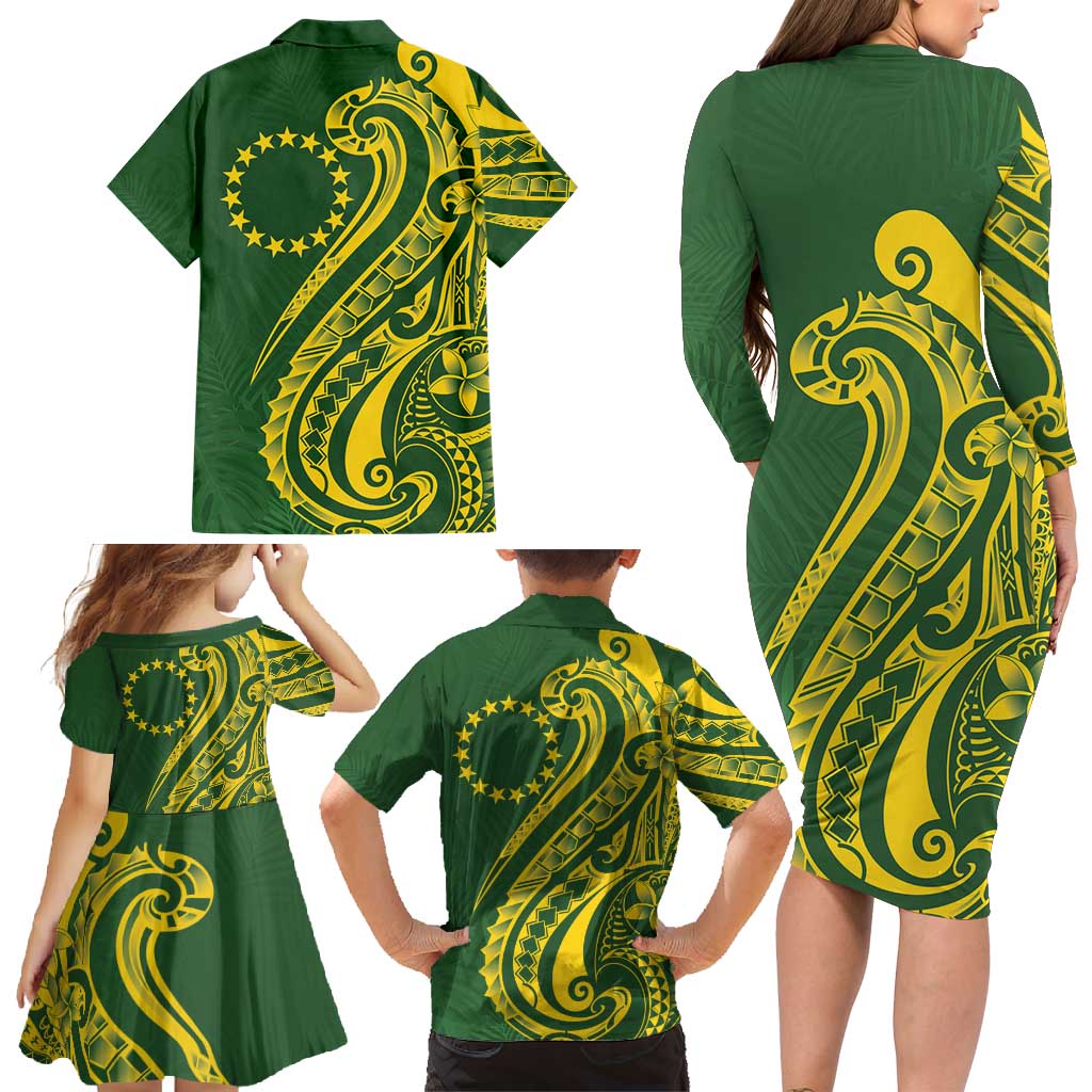 Kia Orana Cook Islands Family Matching Long Sleeve Bodycon Dress and Hawaiian Shirt Plumeria Tropical Waves - Polynesian Pride