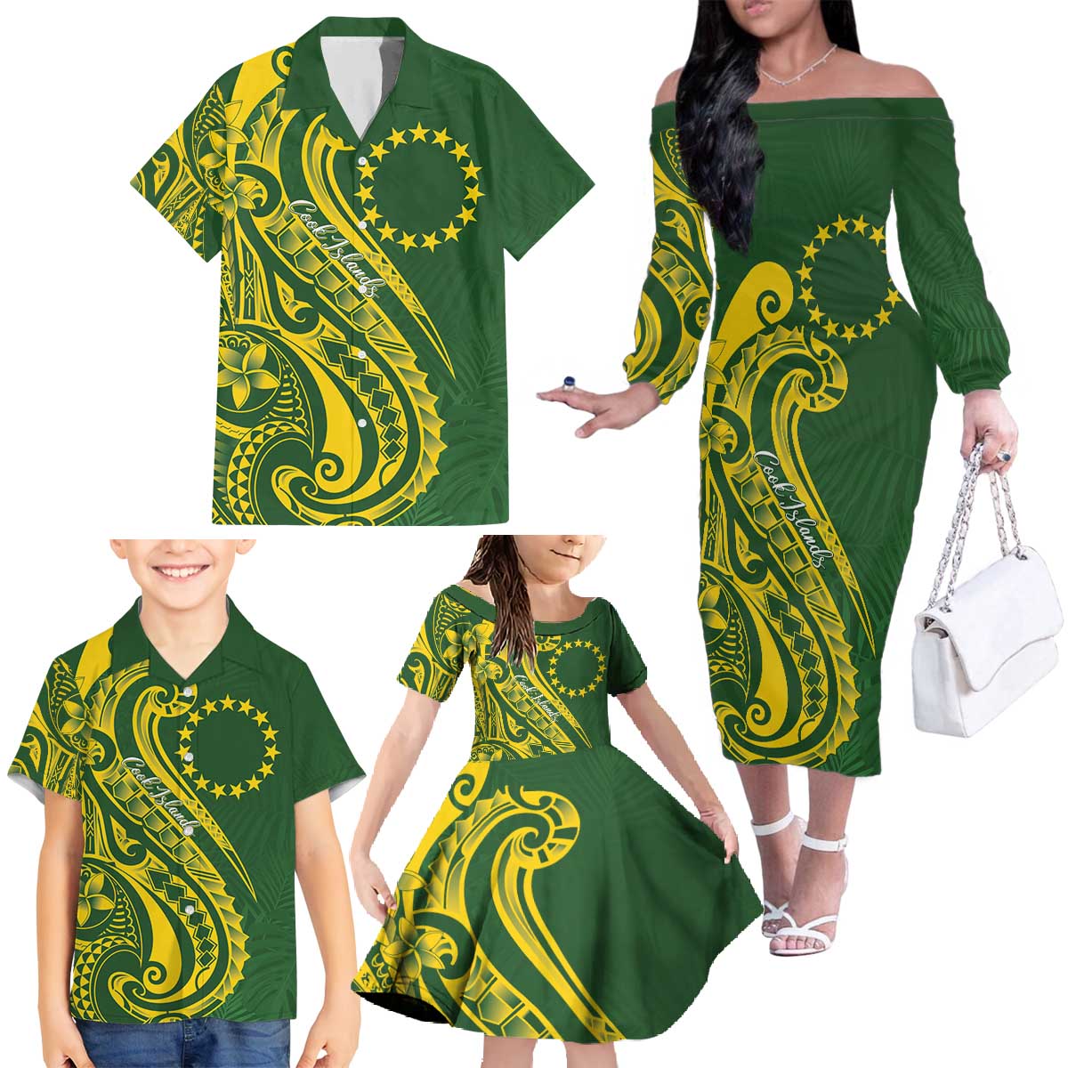 Kia Orana Cook Islands Family Matching Off The Shoulder Long Sleeve Dress and Hawaiian Shirt Plumeria Tropical Waves - Polynesian Pride