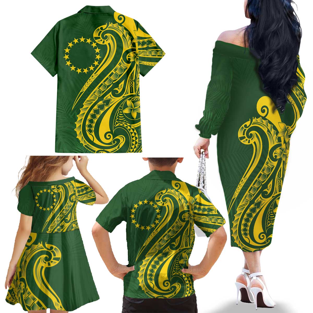 Kia Orana Cook Islands Family Matching Off The Shoulder Long Sleeve Dress and Hawaiian Shirt Plumeria Tropical Waves - Polynesian Pride