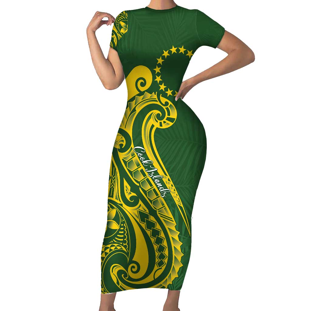 Kia Orana Cook Islands Short Sleeve Bodycon Dress Plumeria Tropical Waves - Polynesian Pride