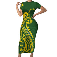 Kia Orana Cook Islands Short Sleeve Bodycon Dress Plumeria Tropical Waves - Polynesian Pride