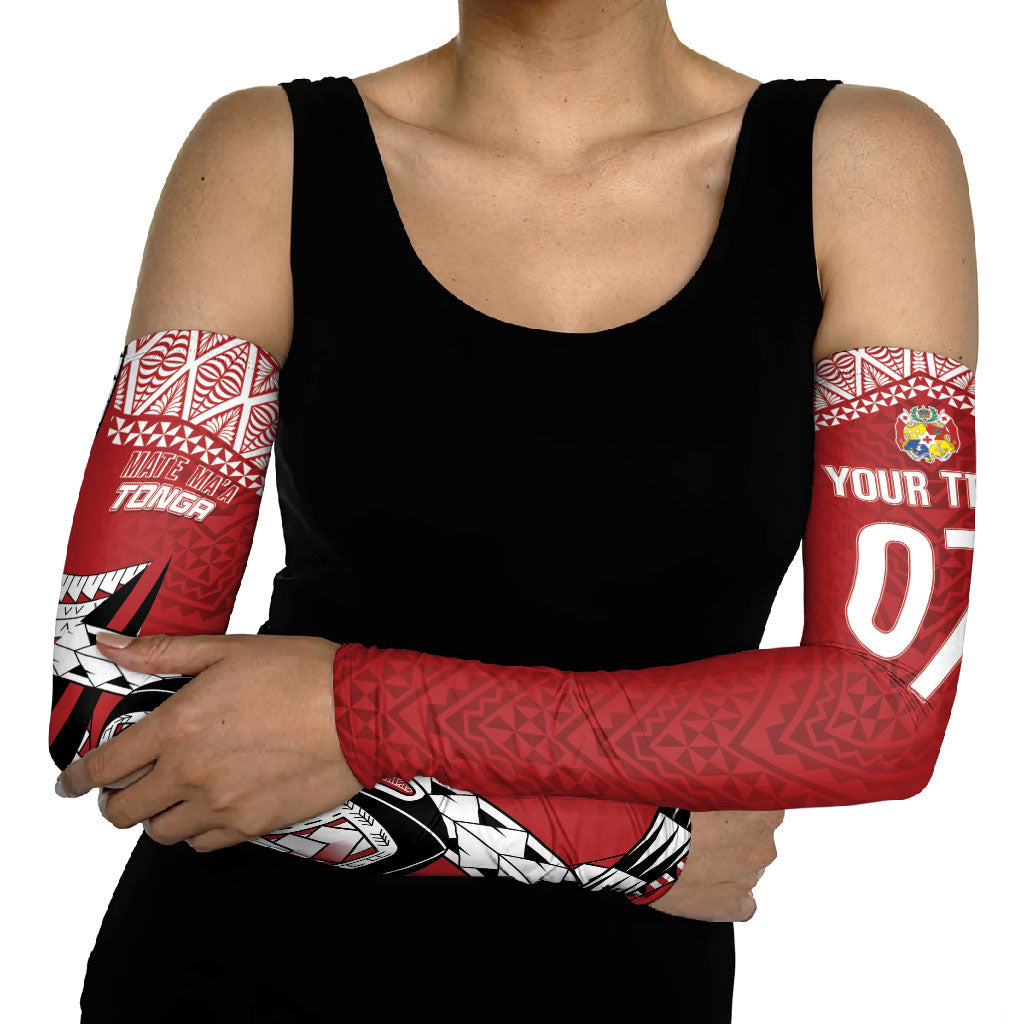Mate Ma'a Tonga Rugby Custom Kupesi Motifs Arm Sleeves Red Waves LT7 - Polynesian Pride