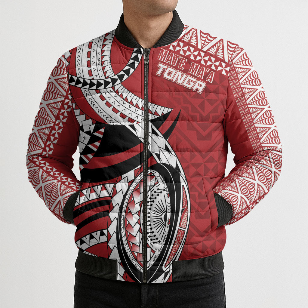 Mate Ma'a Tonga Rugby Custom Kupesi Motifs Bomber Puffer Jacket Red Waves LT7 - Polynesian Pride