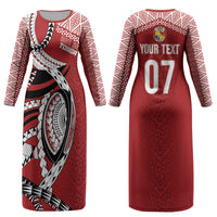 Mate Ma'a Tonga Rugby Custom Kupesi Motifs Couples Matching Long Sleeve Bodycon Dress and Hawaiian Shirt Red Waves
