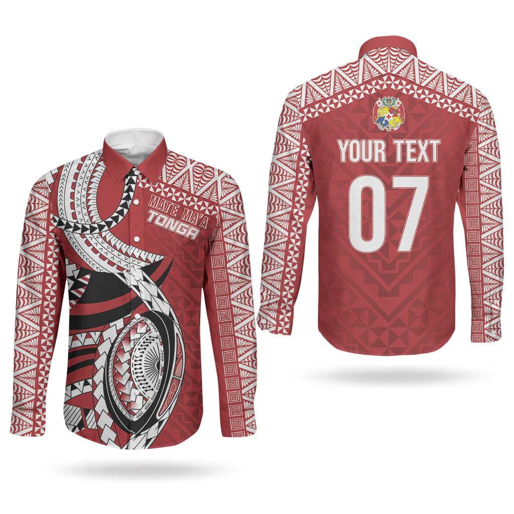 Mate Ma'a Tonga Rugby Custom Kupesi Motifs Couples Matching Puletasi and Long Sleeve Button Shirt Red Waves LT7 - Polynesian Pride