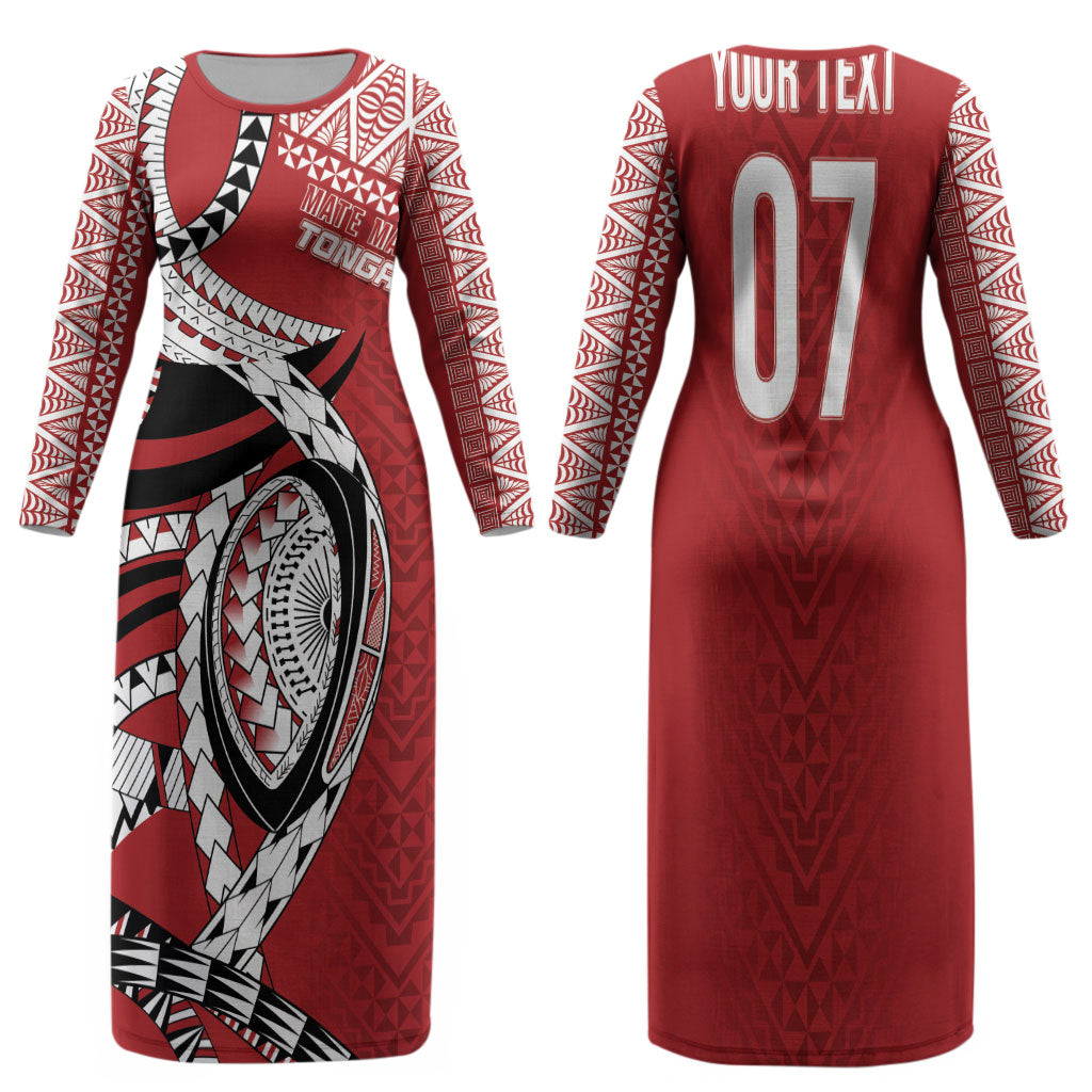 Mate Ma'a Tonga Rugby Custom Kupesi Motifs Family Matching Long Sleeve Bodycon Dress and Hawaiian Shirt Red Waves