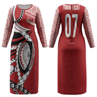 Mate Ma'a Tonga Rugby Custom Kupesi Motifs Family Matching Long Sleeve Bodycon Dress and Hawaiian Shirt Red Waves