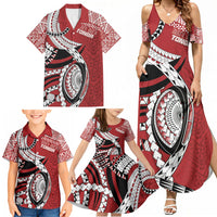 Mate Ma'a Tonga Rugby Custom Kupesi Motifs Family Matching Summer Maxi Dress and Hawaiian Shirt Red Waves