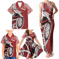 Mate Ma'a Tonga Rugby Custom Kupesi Motifs Family Matching Tank Maxi Dress and Hawaiian Shirt Red Waves