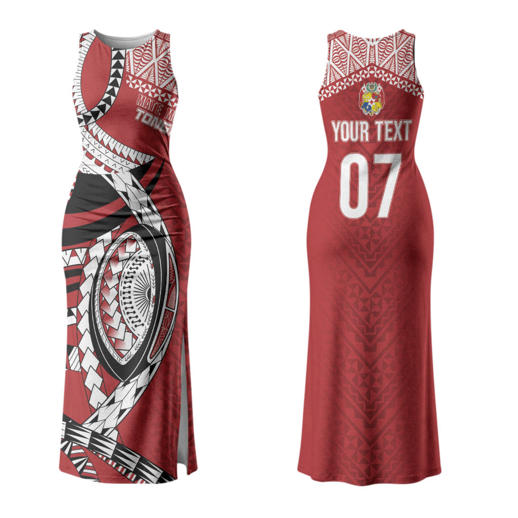 Mate Ma'a Tonga Rugby Custom Kupesi Motifs Family Matching Tank Maxi Dress and Hawaiian Shirt Red Waves