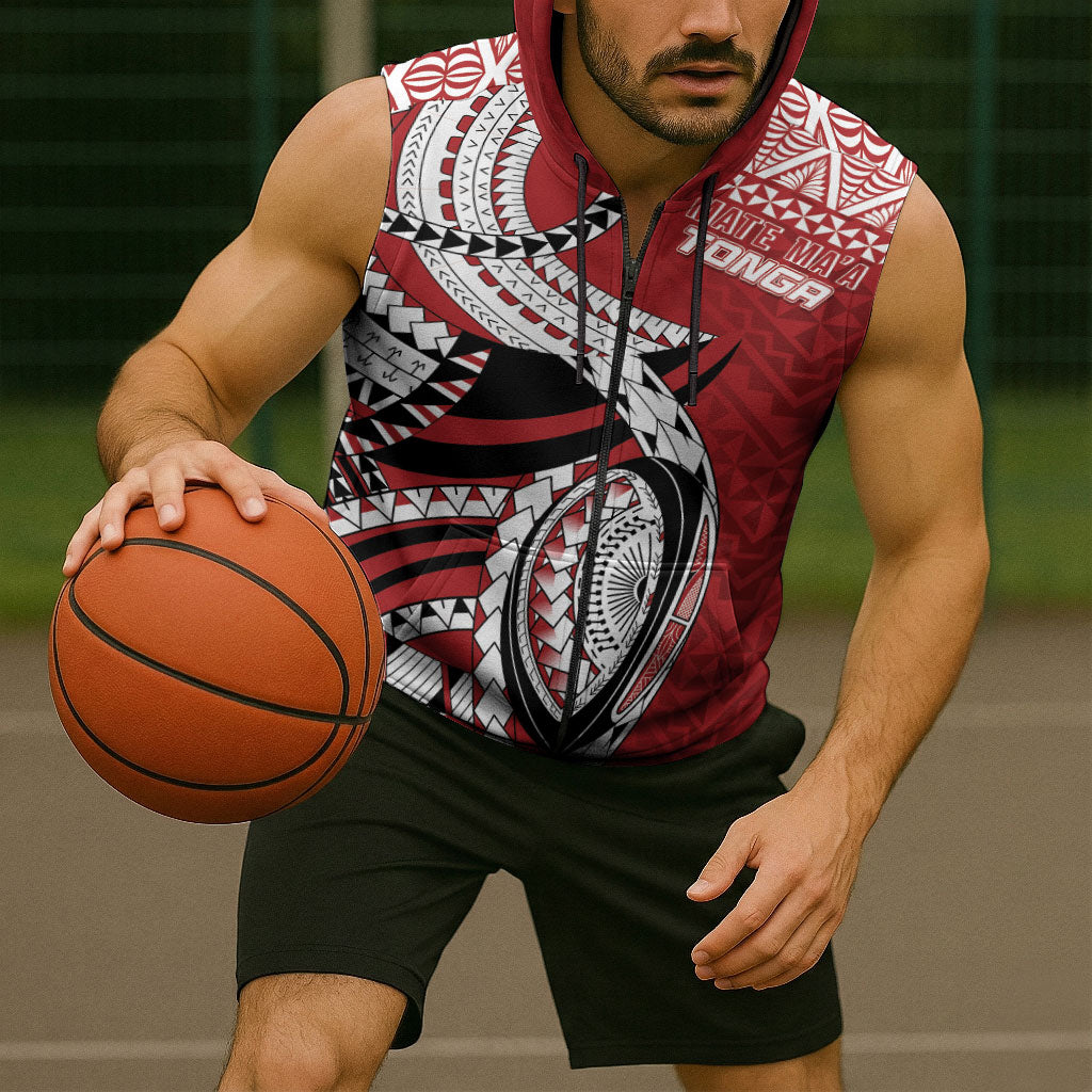 Mate Ma'a Tonga Rugby Custom Kupesi Motifs Sleeveless Zip Hoodie Red Waves