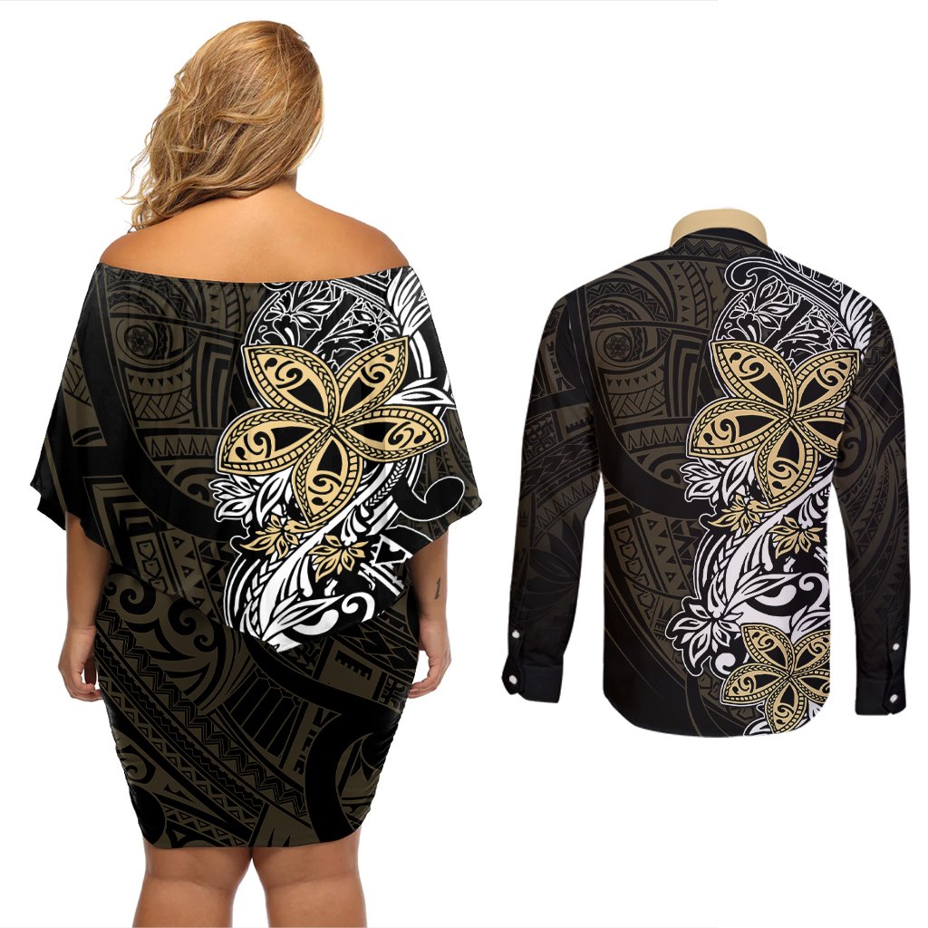 Polynesian Pride Couples Matching Off Shoulder Short Dress and Long Sleeve Button Shirts Tiare With Plumeria Mix Style LT7 - Polynesian Pride