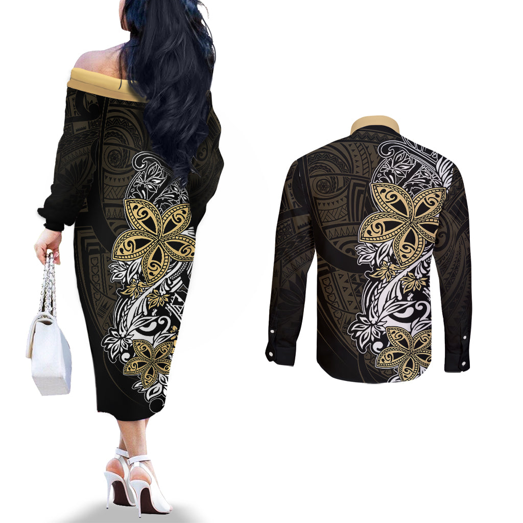 Polynesian Pride Couples Matching Off The Shoulder Long Sleeve Dress and Long Sleeve Button Shirts Tiare With Plumeria Mix Style LT7 - Polynesian Pride