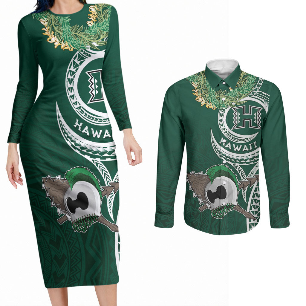 Hawaii Rainbow Warriors Alumni Personalized Couples Matching Long Sleeve Bodycon Dress and Long Sleeve Button Shirt Ti Maile Lei - Glory For The Warriors