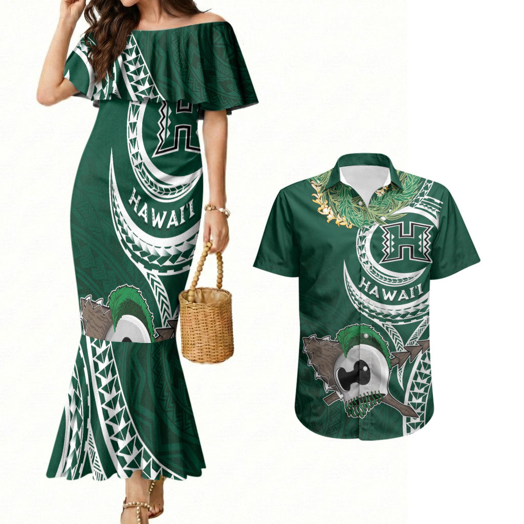 Hawaii Rainbow Warriors Alumni Personalized Couples Matching Mermaid Dress and Hawaiian Shirt Ti Maile Lei - Glory For The Warriors