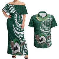 Hawaii Rainbow Warriors Alumni Personalized Couples Matching Off Shoulder Maxi Dress and Hawaiian Shirt Ti Maile Lei - Glory For The Warriors
