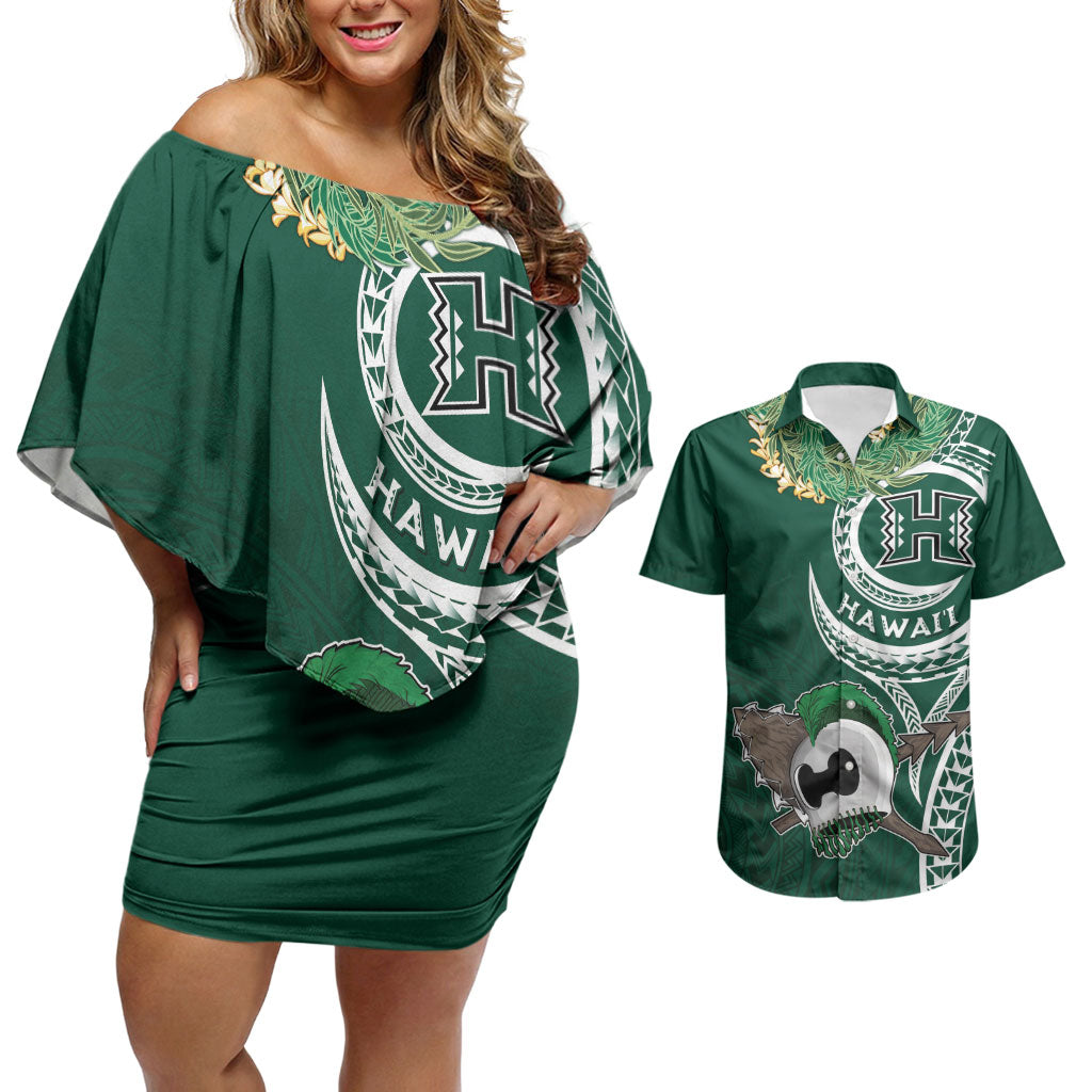Hawaii Rainbow Warriors Alumni Personalized Couples Matching Off Shoulder Short Dress and Hawaiian Shirt Ti Maile Lei - Glory For The Warriors
