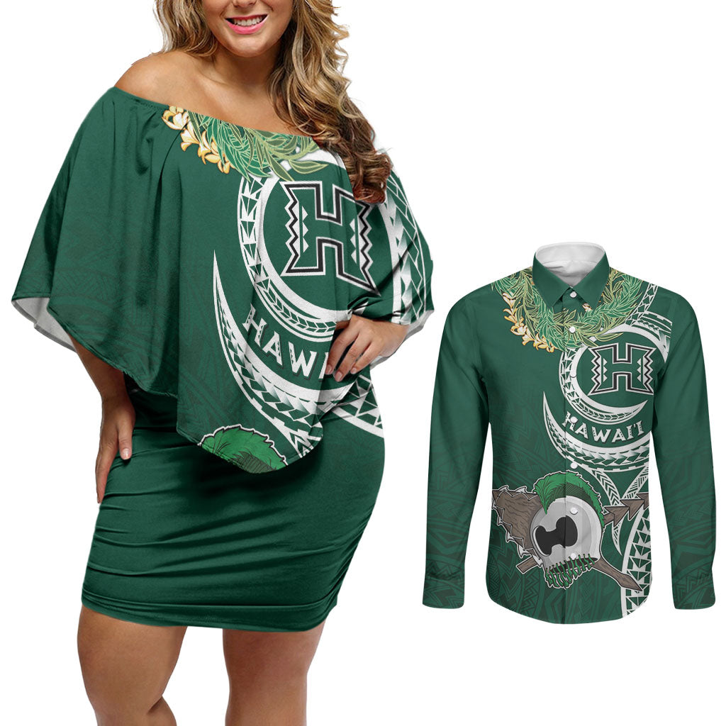 Hawaii Rainbow Warriors Alumni Personalized Couples Matching Off Shoulder Short Dress and Long Sleeve Button Shirt Ti Maile Lei - Glory For The Warriors