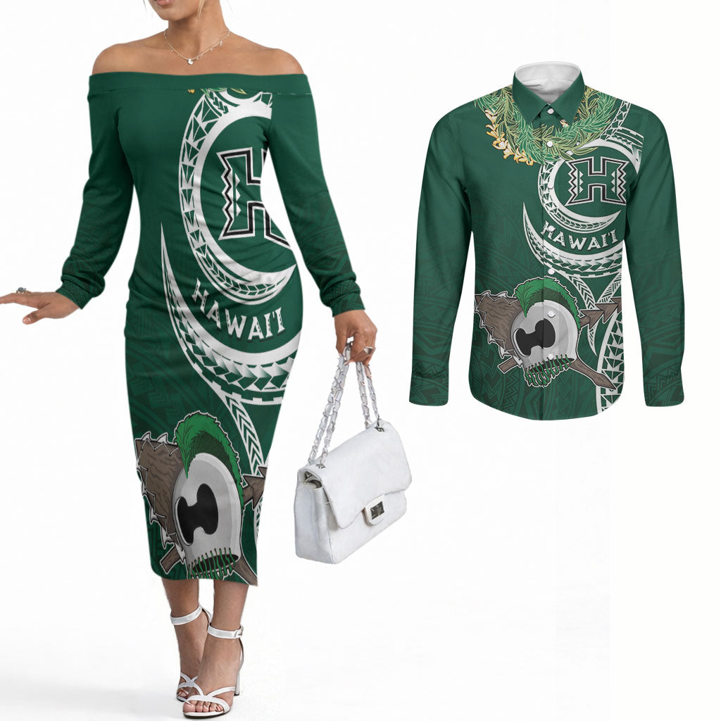 Hawaii Rainbow Warriors Alumni Personalized Couples Matching Off The Shoulder Long Sleeve Dress and Long Sleeve Button Shirt Ti Maile Lei - Glory For The Warriors