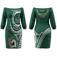 Hawaii Rainbow Warriors Alumni Personalized Couples Matching Off The Shoulder Long Sleeve Dress and Long Sleeve Button Shirt Ti Maile Lei - Glory For The Warriors