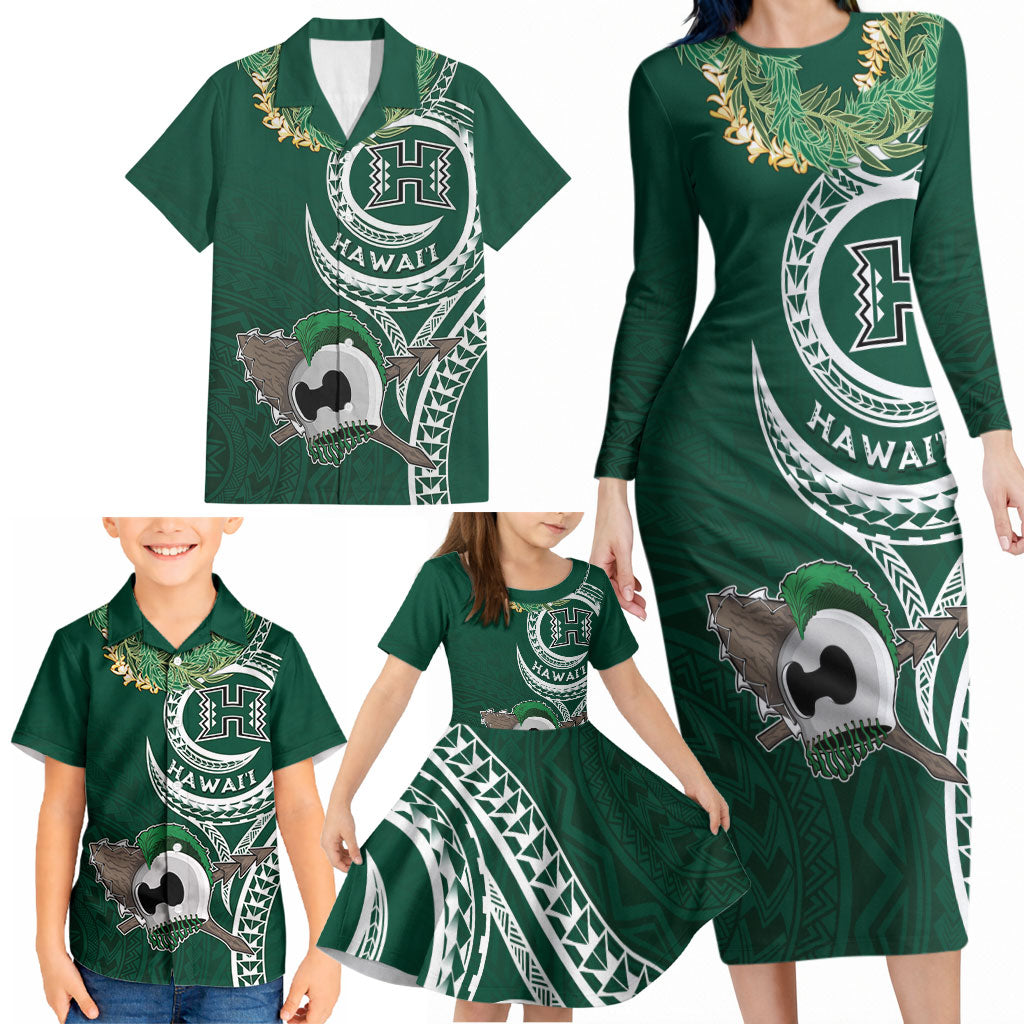 Hawaii Rainbow Warriors Alumni Personalized Family Matching Long Sleeve Bodycon Dress and Hawaiian Shirt Ti Maile Lei - Glory For The Warriors