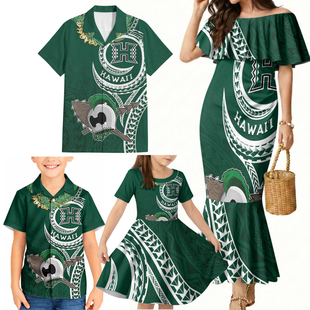 Hawaii Rainbow Warriors Alumni Personalized Family Matching Mermaid Dress and Hawaiian Shirt Ti Maile Lei - Glory For The Warriors