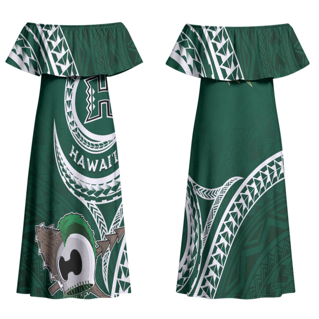 Hawaii Rainbow Warriors Alumni Personalized Family Matching Off Shoulder Maxi Dress and Hawaiian Shirt Ti Maile Lei - Glory For The Warriors