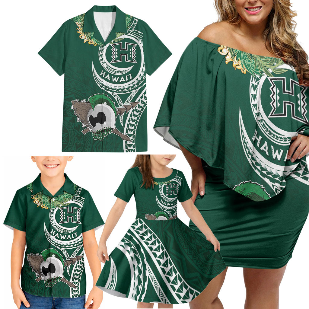 Hawaii Rainbow Warriors Alumni Personalized Family Matching Off Shoulder Short Dress and Hawaiian Shirt Ti Maile Lei - Glory For The Warriors