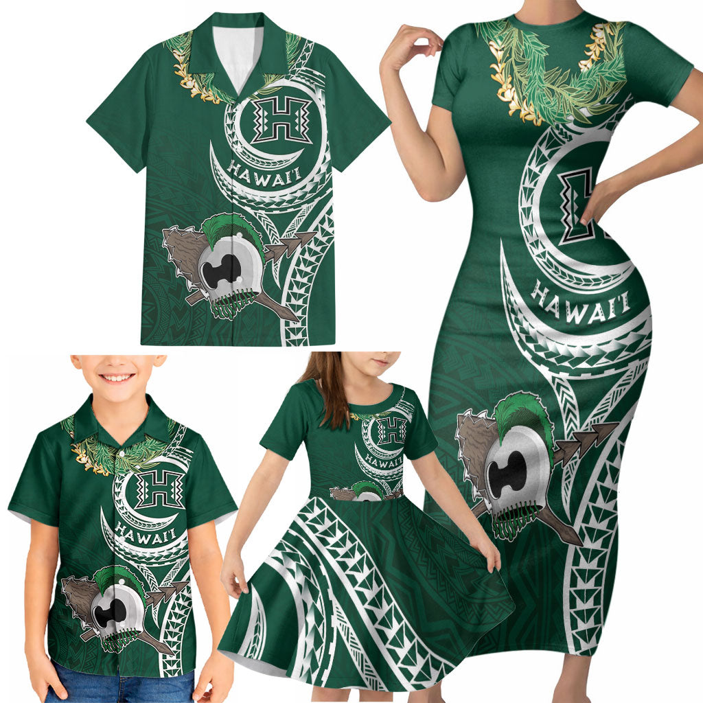 Hawaii Rainbow Warriors Alumni Personalized Family Matching Short Sleeve Bodycon Dress and Hawaiian Shirt Ti Maile Lei - Glory For The Warriors
