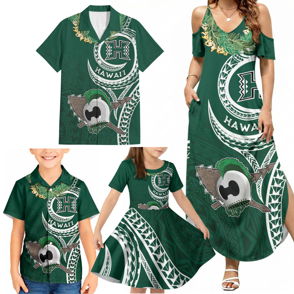 Hawaii Rainbow Warriors Alumni Personalized Family Matching Summer Maxi Dress and Hawaiian Shirt Ti Maile Lei - Glory For The Warriors