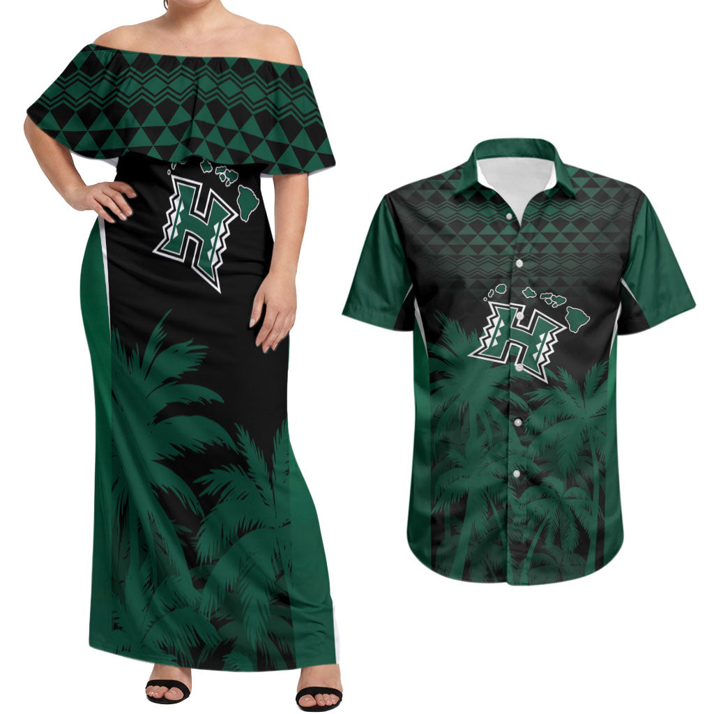 Hawaii Rainbow Warriors La'au Pama Personalized Couples Matching Off Shoulder Maxi Dress and Hawaiian Shirt