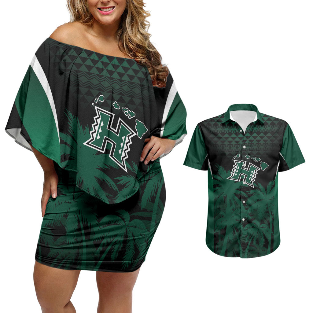 Hawaii Rainbow Warriors La'au Pama Personalized Couples Matching Off Shoulder Short Dress and Hawaiian Shirt