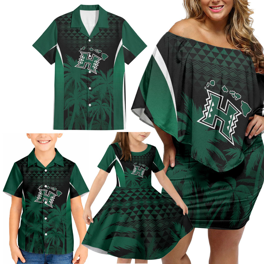 Hawaii Rainbow Warriors La'au Pama Personalized Family Matching Off Shoulder Short Dress and Hawaiian Shirt