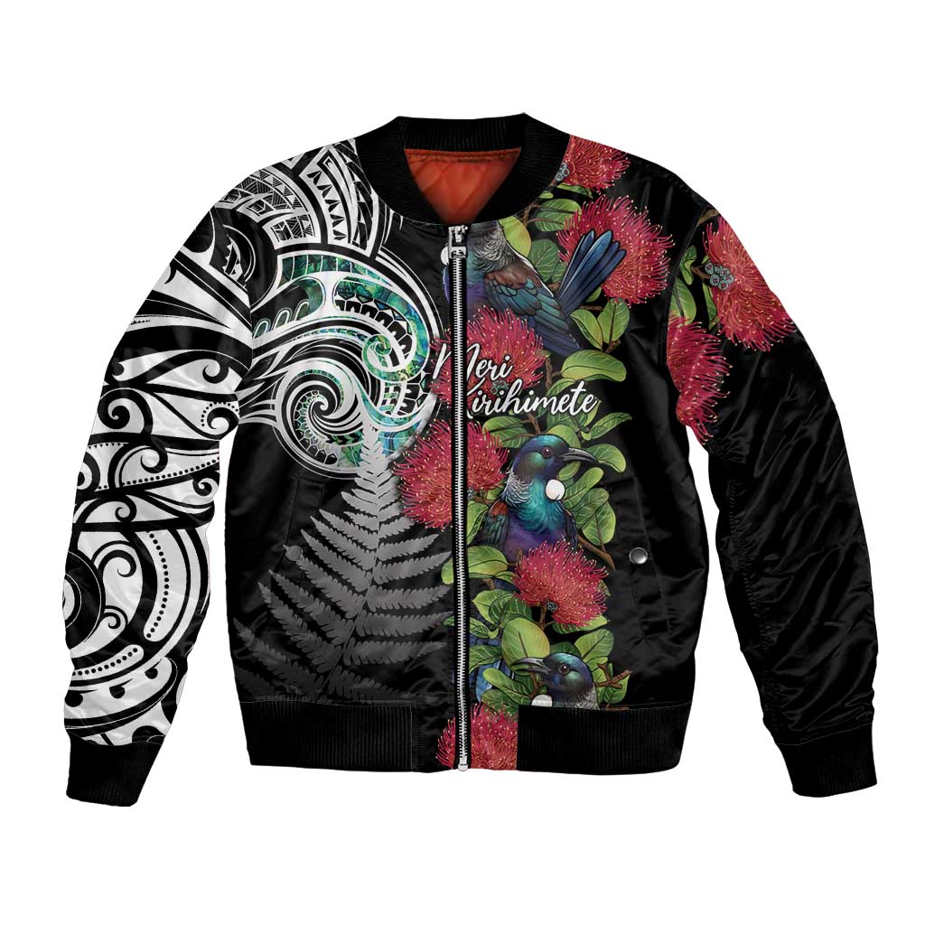 Meri Kirihimete New Zealand Bomber Jacket Tui on Pohutukawa