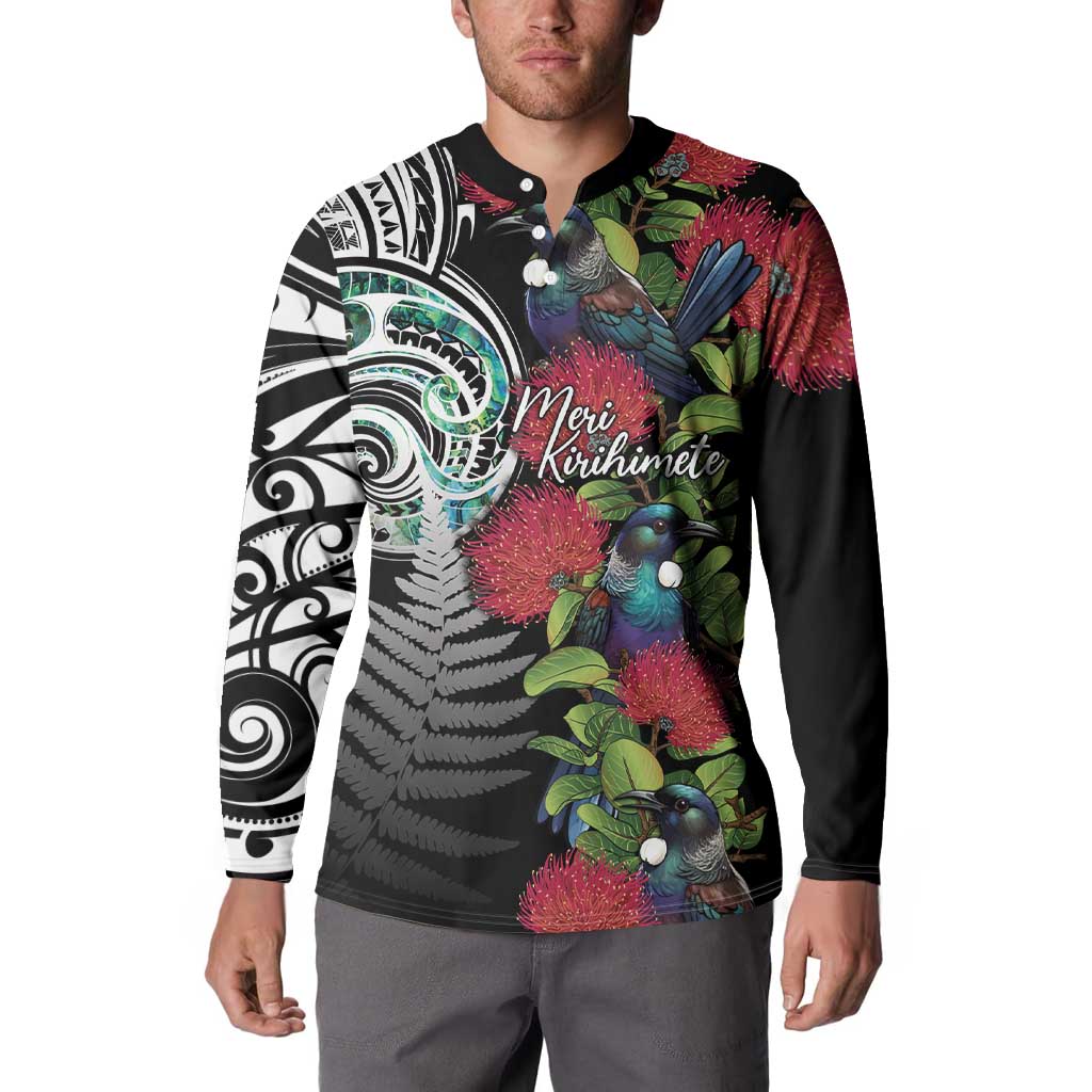 Meri Kirihimete New Zealand Button Sweatshirt Tui on Pohutukawa