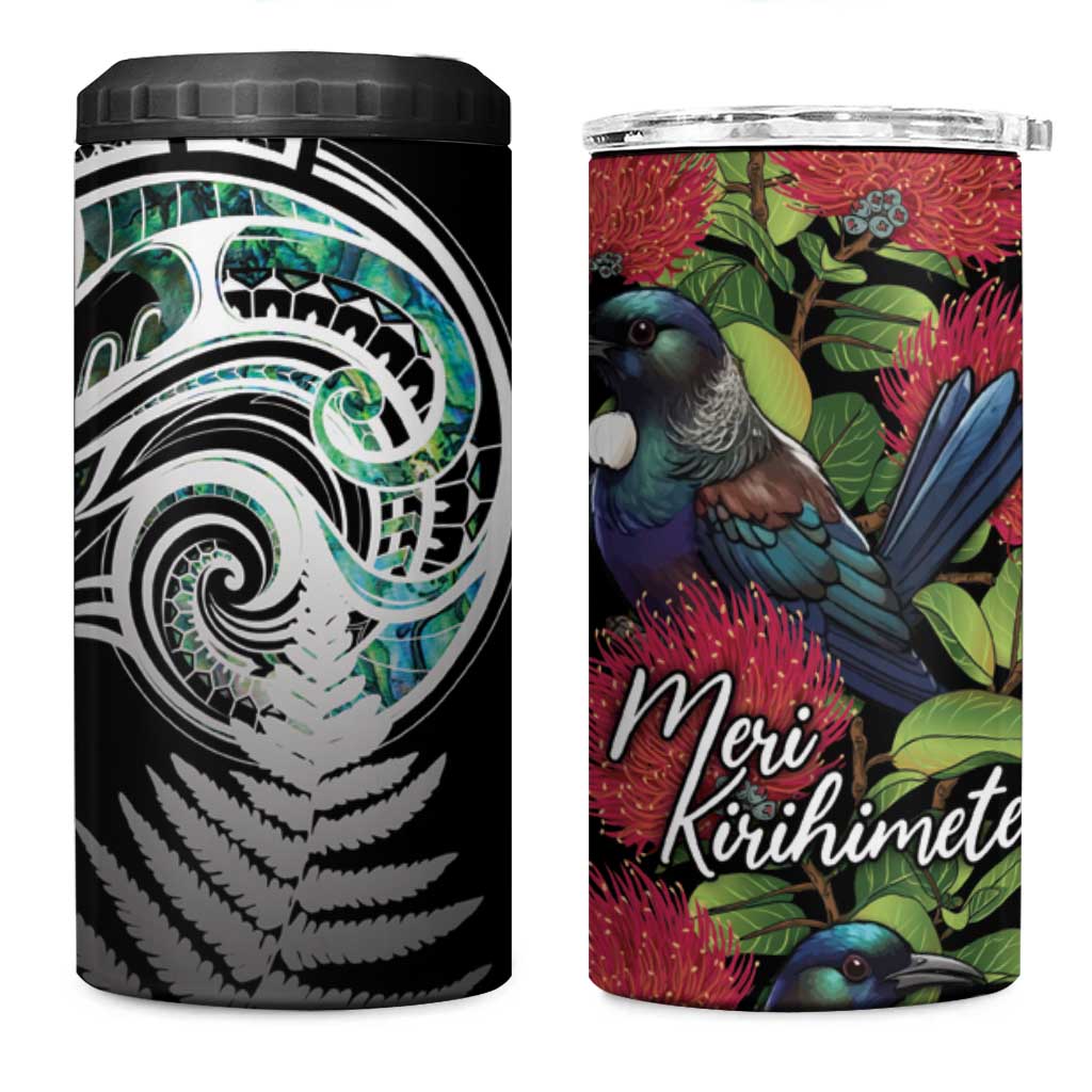 Meri Kirihimete New Zealand 4 in 1 Can Cooler Tumbler Tui on Pohutukawa