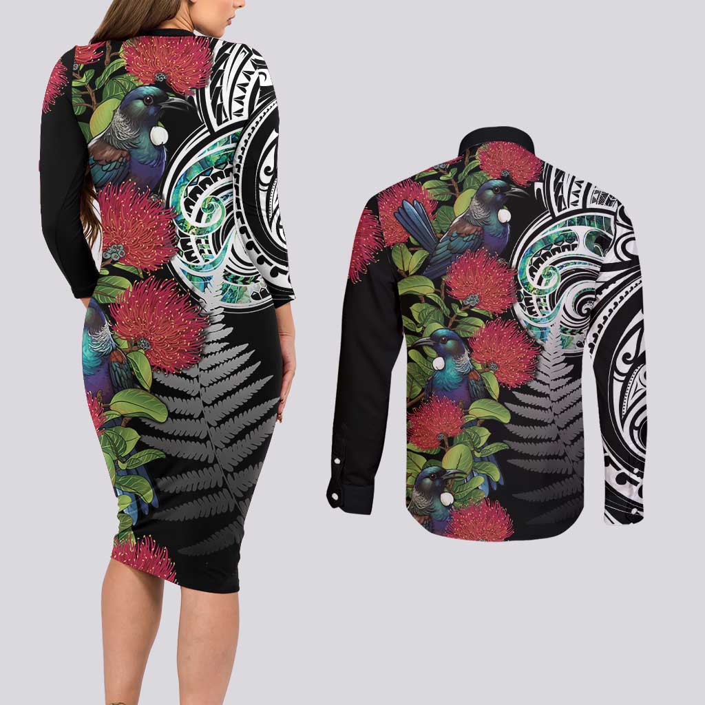 Meri Kirihimete New Zealand Couples Matching Long Sleeve Bodycon Dress and Long Sleeve Button Shirt Tui on Pohutukawa LT7 - Polynesian Pride