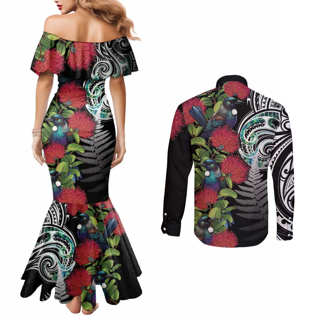 Meri Kirihimete New Zealand Couples Matching Mermaid Dress and Long Sleeve Button Shirt Tui on Pohutukawa LT7 - Polynesian Pride